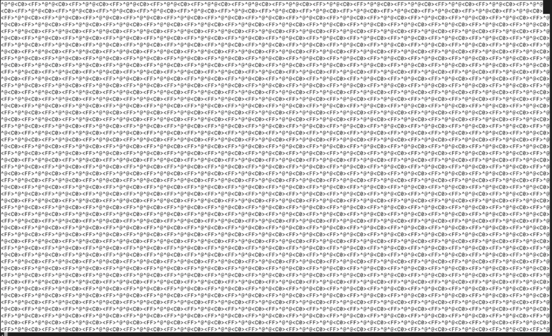 A terminal or text editor window filled with repeating, unreadable symbols consisting of